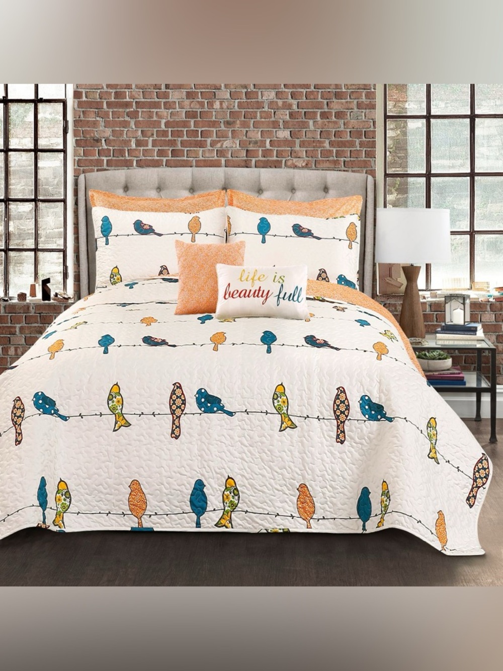 Lush Decor Rowley Birds King Quilt Set 6pc Blue Orange Bedding